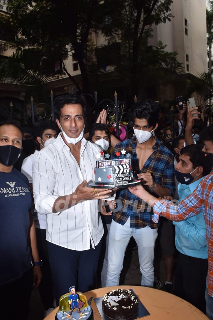 Sonu Sood greets his fans as they gather to celebrate his birthday