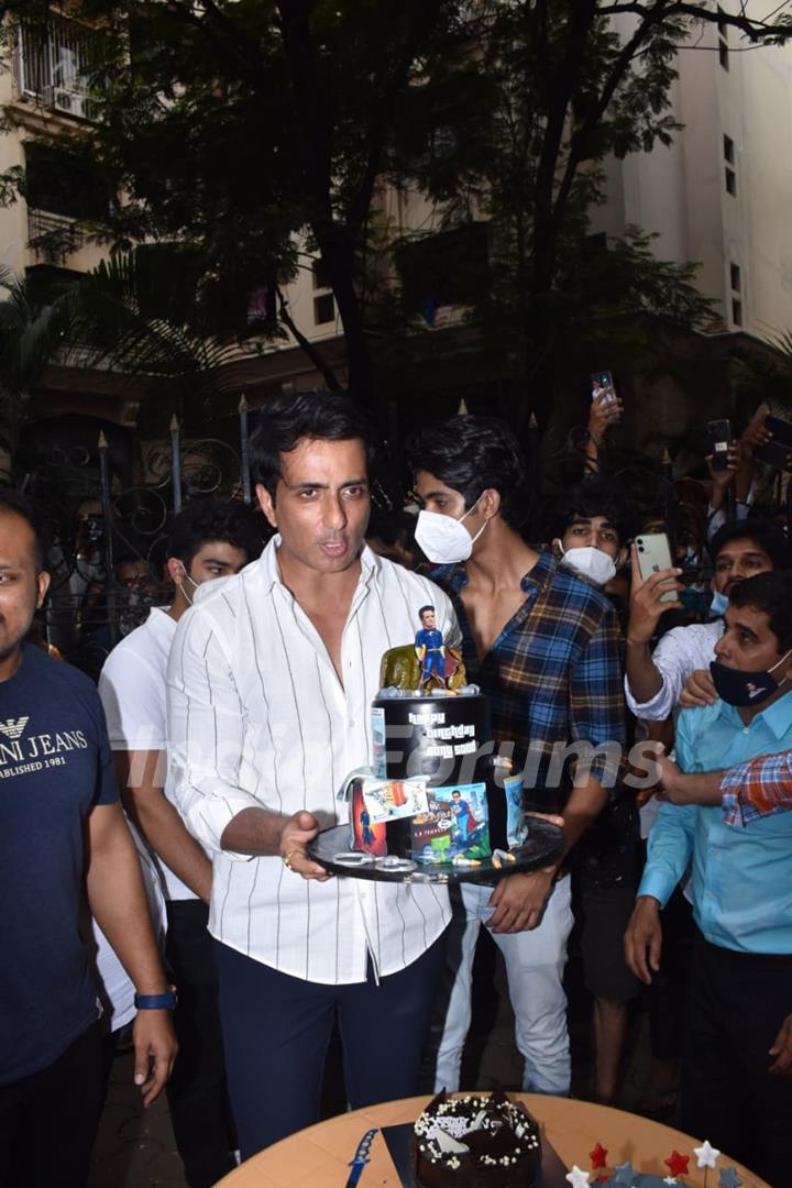 Sonu Sood greets his fans as they gather to celebrate his birthday