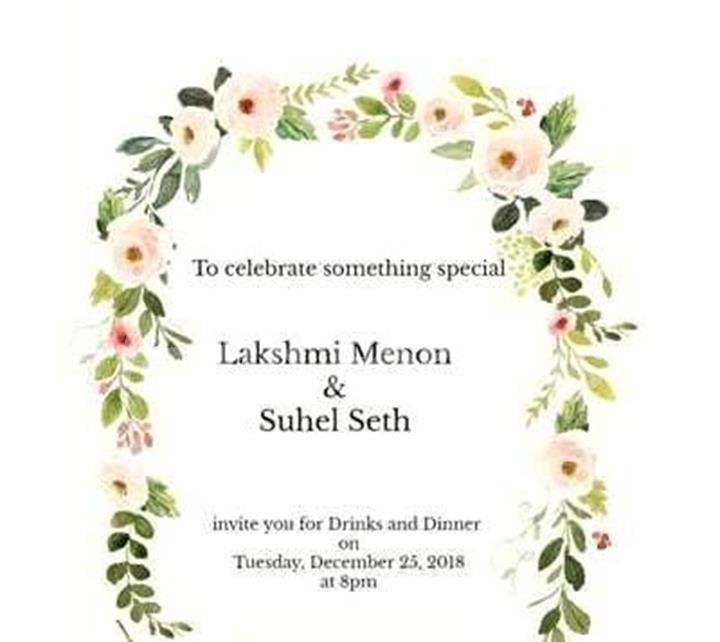 Suhel Seth and Lakshmi Menon marriage invitation