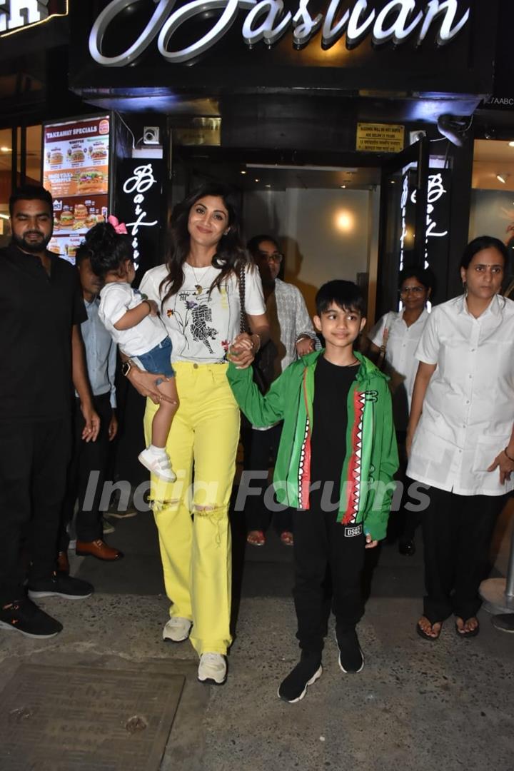 Bollywood actress Shilpa Shetty spotted with her son Viaan and daughter Samisha at Khar 