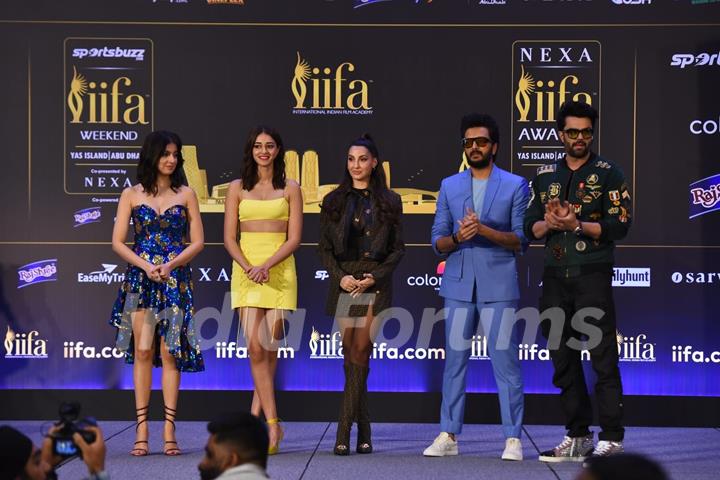 Divya Khosla Kumar, Ananya Panday, Nora Fatehi, Riteish Deshmukh, Manish Paul, poses to paparazzi at IIFA awards press conference in Abu Dhabi