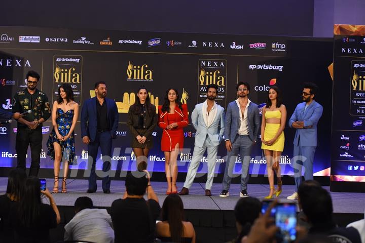 Salman Khan, Shahid Kapoor, Ananya Pandey, Riteish Deshmukh, Manish Paul, Nora Fatehi, Divya Khosla Kumar, Tiger Shroff, Sara Ali Khan poses to paparazzi at IIFA awards press conference in Abu Dhabi