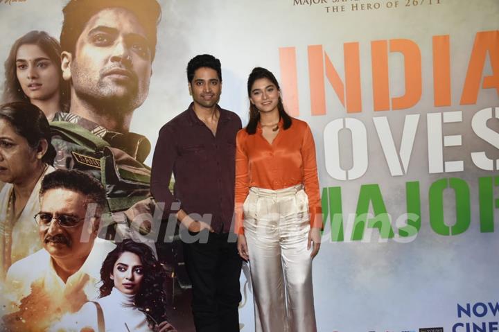 Adivi Sesh and Saiee Manjrekar spotted at the success press meet for their film Major at Andheri 