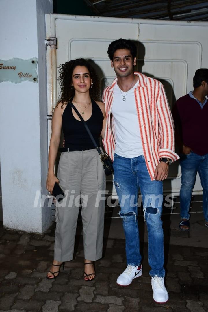 Sanya Malhotra poses with Abhimanyu Dassani at the screeing of Nikamma