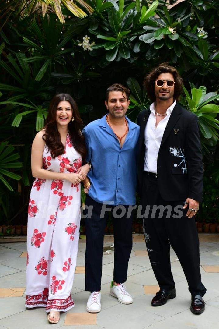 Vidyut Jammwal poses with Shivaleeka Oberoi and director Faruk Kabir spotted promoting their upcoming film Khuda Haafiz Chapter II: Agni Pariksha 