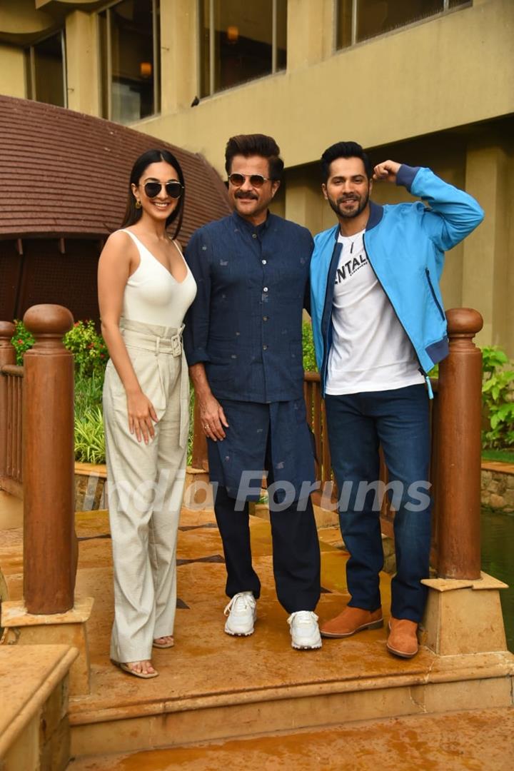 Anil Kapoor, Varun Dhawan and Kiara Advani poses to paparazzi for promoting their upcoming film JugJugg Jeeyo in the city 