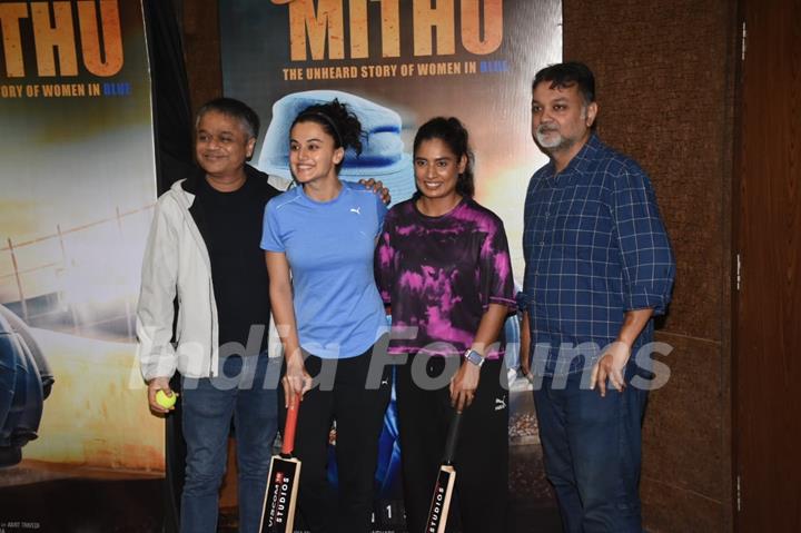 Taapsee Pannu, Mithali Raj and Ajit Andhare snapped promoting their upcoming film Shabaash Mithu 