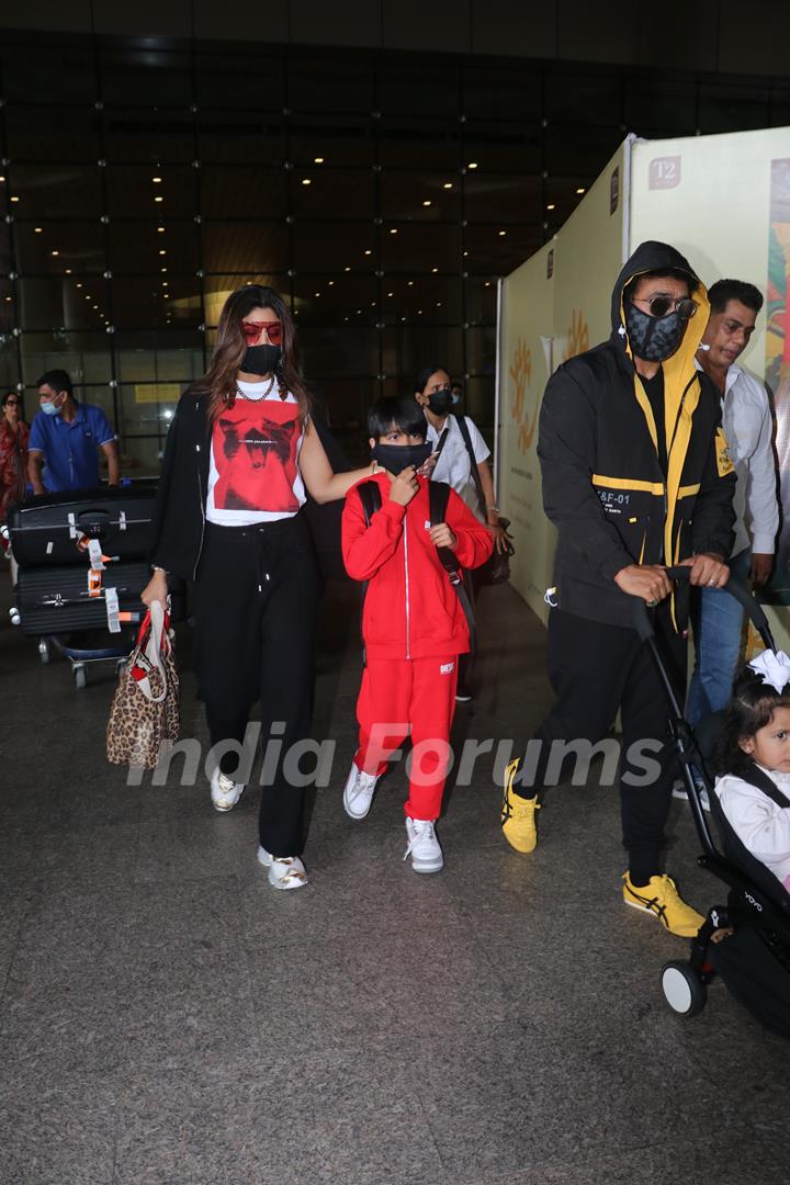 Shilpa Shetty and Raj Kundra spotted with kids at the Mumbai airport