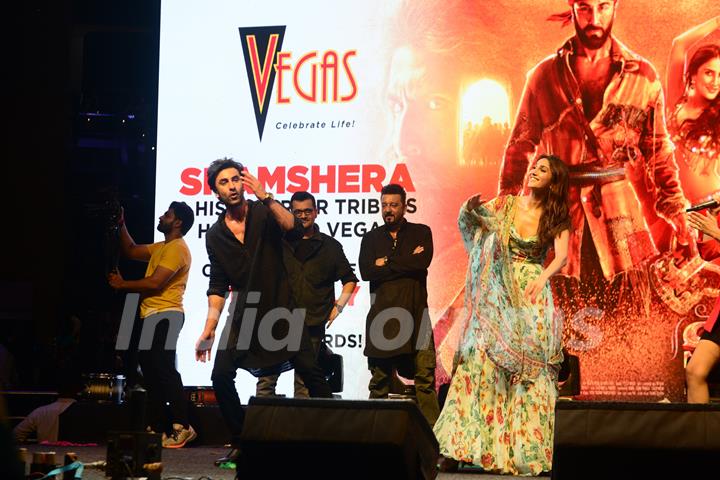 Ranbir Kapoor, Sanjay Dutt, Vaani Kapoor and Karan Malhotra promoting their upcoming film Shamshera in Dwarka in New Delhi