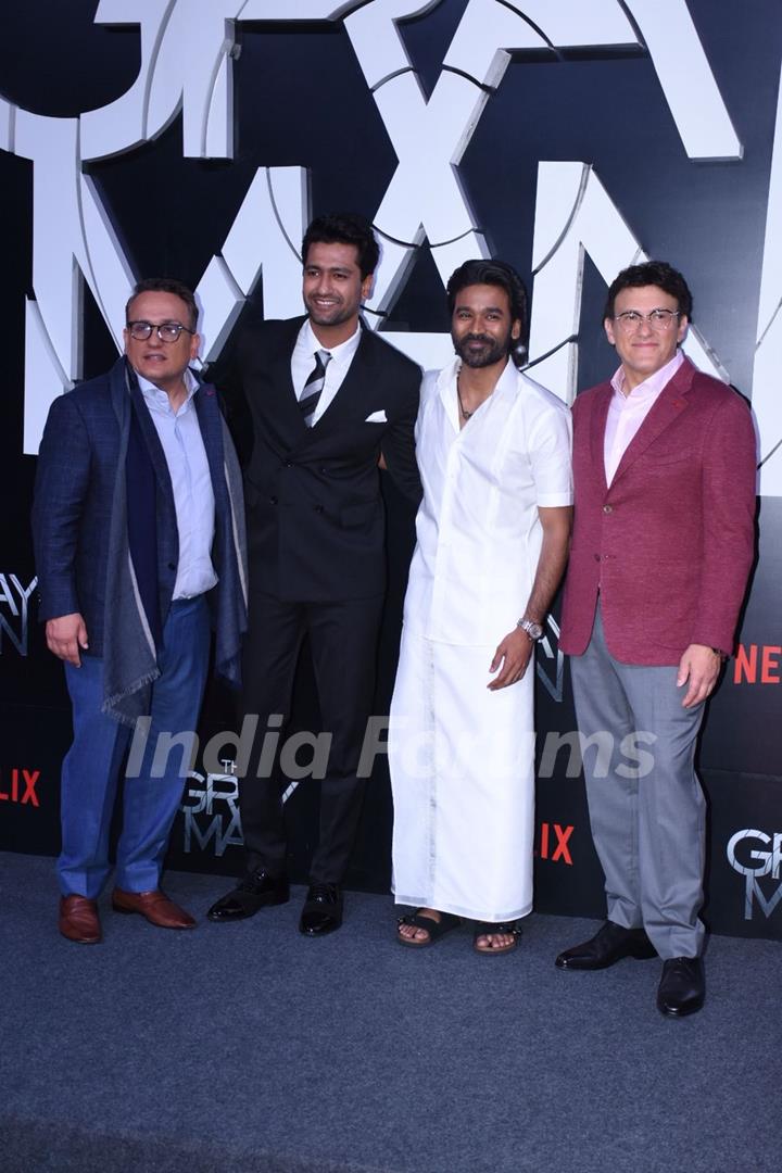 Vicky Kaushal, Joseph Russo, Dhanush, Anthony Russo attend the premiere of The Gray Man