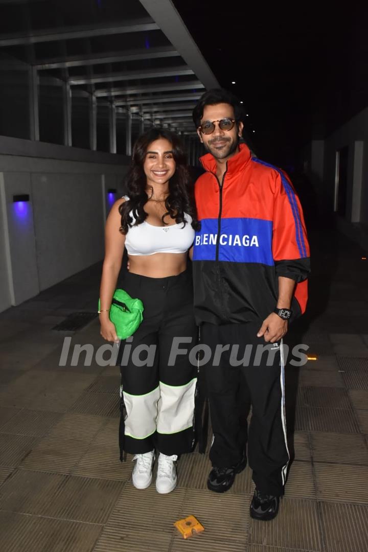 Patralekhaa clicked at Huma Qureshi's birthday bash in a bralette and cargo pants. Rajkummar Rao wore a Balenciaga jacket and track pants