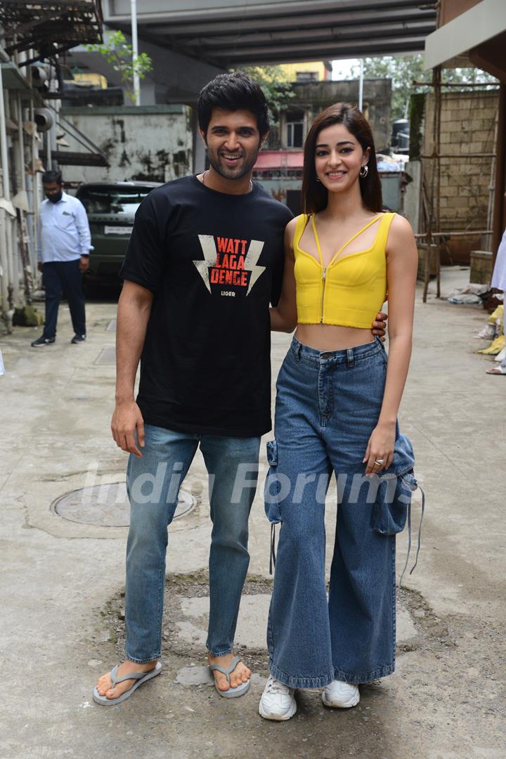 Ananya Panday wore a yellow crop top and bottom bottom denims for the promotions of Liger. Vijay Deverakonda on the other hand kept it casual in a tshirt and denims