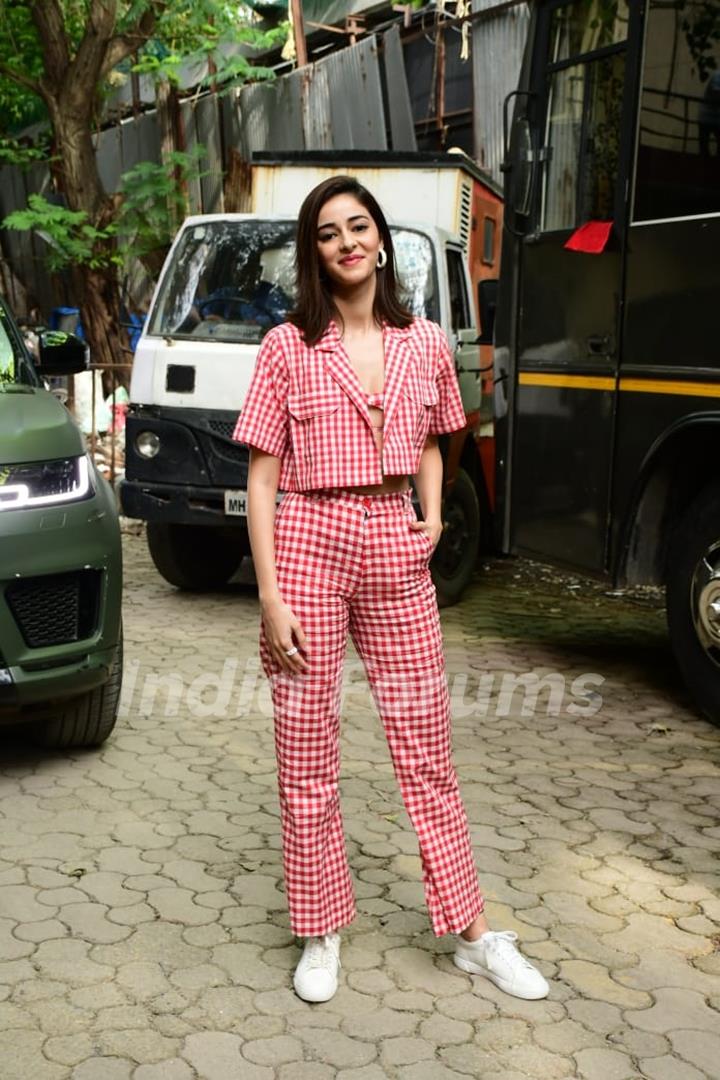 Ananya Panday spotted in a red and white co-ord set for Liger promotions today