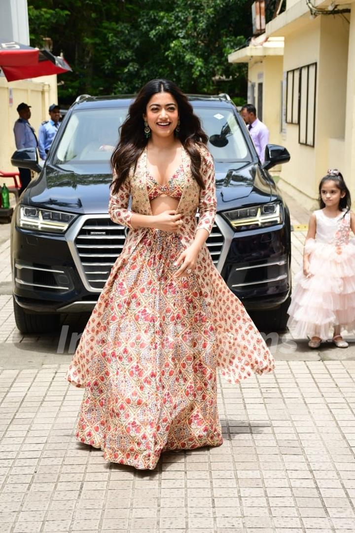 Rashmika Mandanna looks mesmerising in a multicoloured lehenga with a matching cape at the trailer launch of #Goodbye