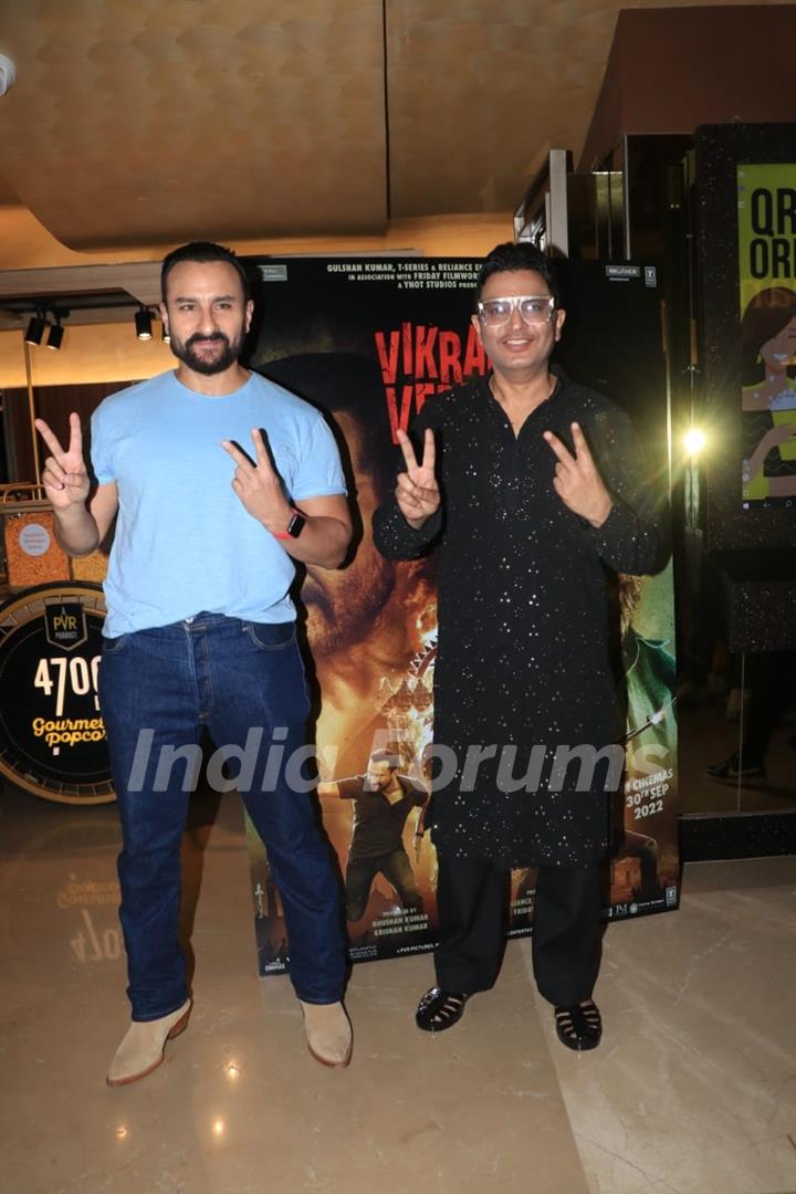 Saif Ali Khan and Bhushan Kumar snapped at Vikram Vedha Trailer Preview At Juhu PVR