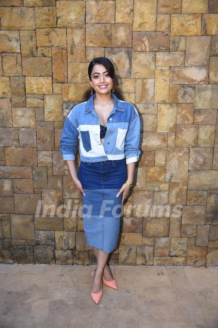 Rashmika Mandanna snapped promoting her upcoming film Goodbye in Juhu