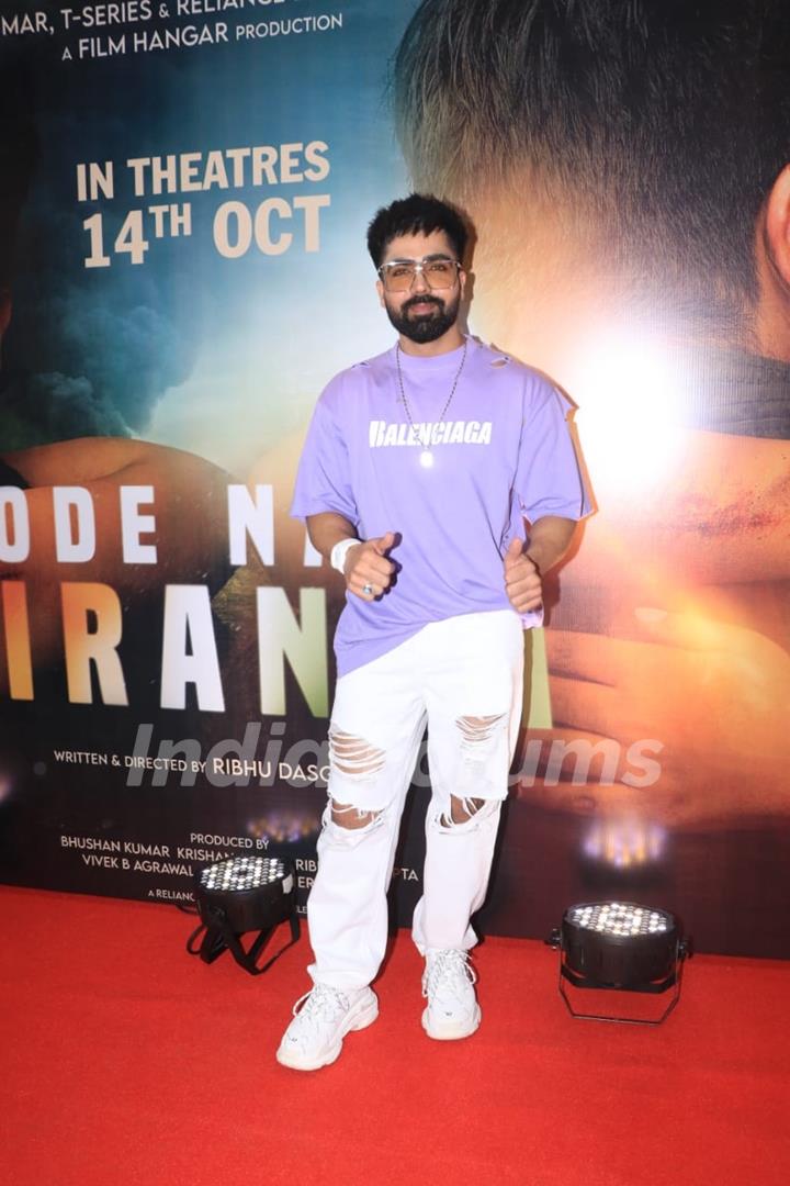 Harrdy Sandhu snapped at the trailer launch of his upcoming film Code Name: Tiranga in a lavender t-shirt and white ripped denims