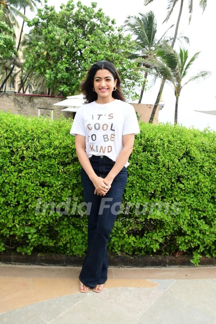 Rashmika Mandanna sports a white tee and denim for the promotions of Goodbye