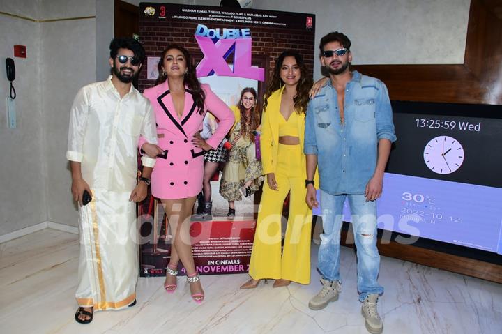 Sonakshi Sinha, Huma Qureshi, Zaheer Iqbal snapped at the trailer launch of Double XL at T-Series Office in Andheri 
