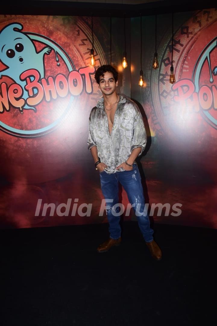 Ishaan Khatter spotted during the promotions of Phone Bhoot in a printed satin shirt and blazer