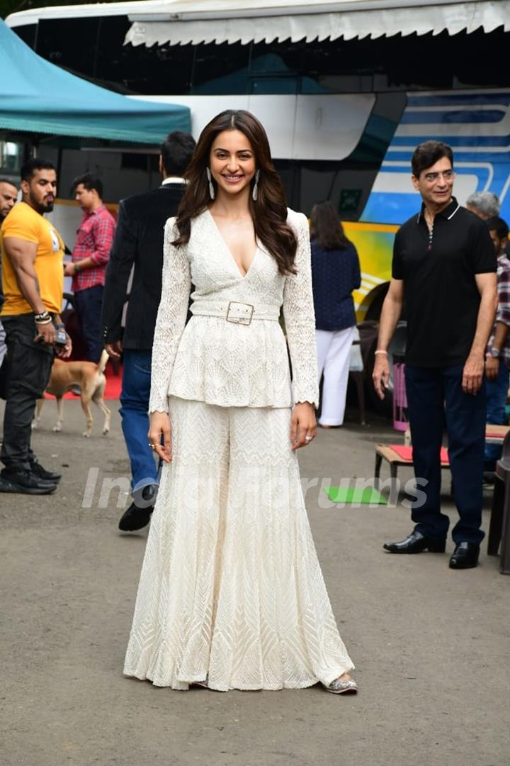 Rakul Preet looked divine in an ivory sharara set for the promotions of Thank God