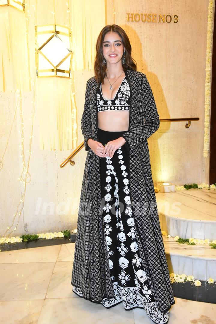 Ananya Panday wore a black and white palazzo pants with a matching blouse and cape to Manish Malhotra's Diwali Party