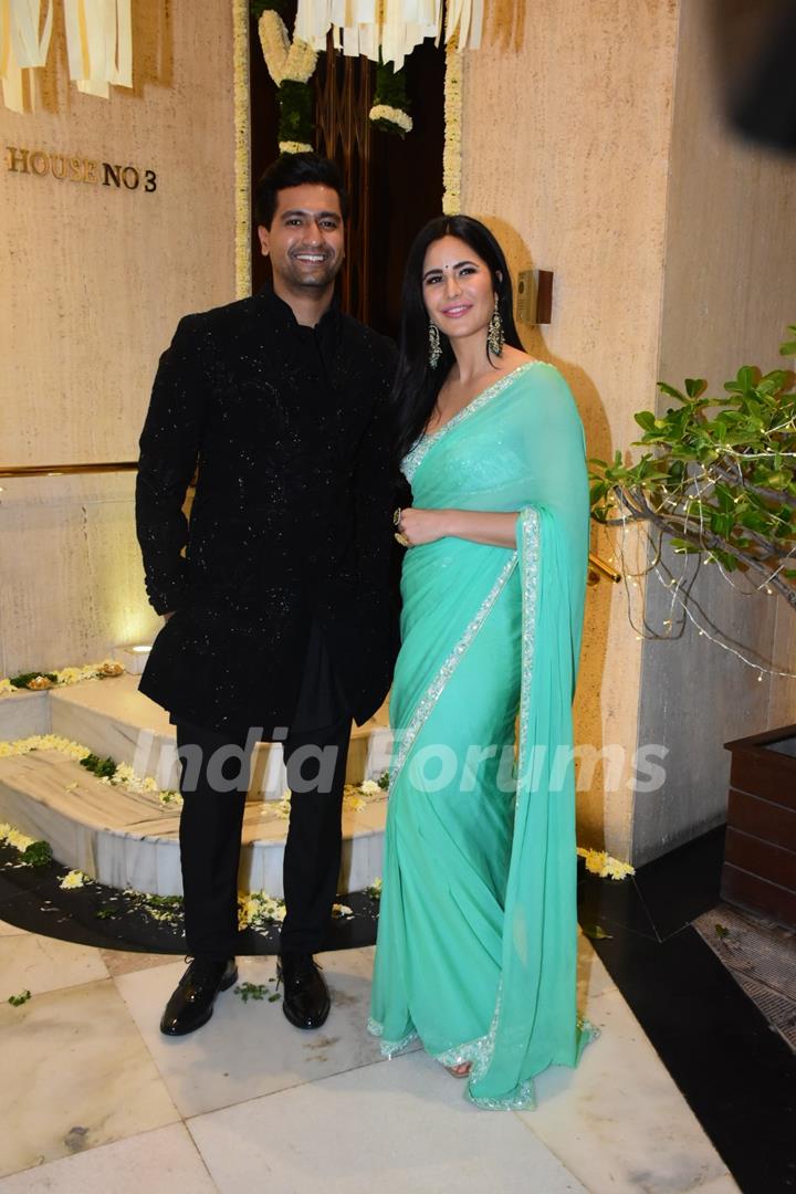 Vicky Kaushal opted for a black sherwani and Katrina Kaif wore an aqua green saree to Manish Malhotra's Diwali Party