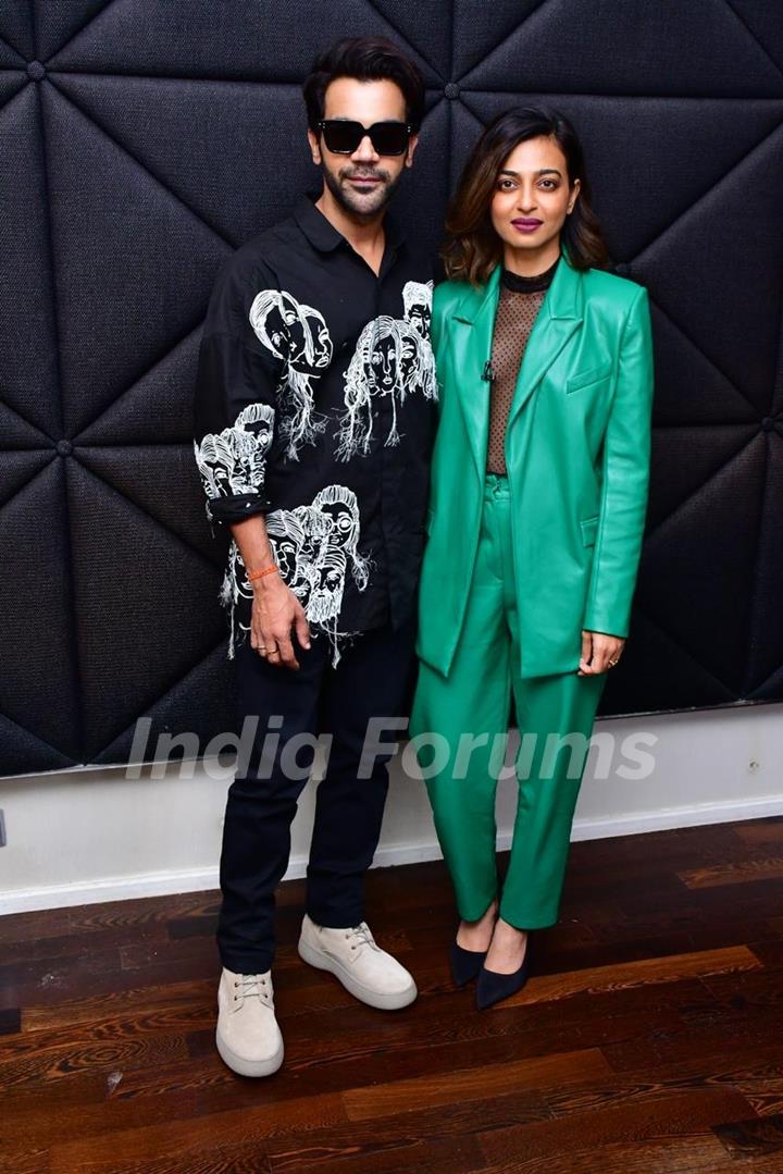 Rajkummar Rao looks super cool in a graphic print black shirt while Radhika Apte gives boss babe vibes in a latex green pant suit during the  promotions of their upcoming film Monica O My Darling