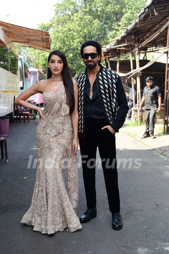 Nora Fatehi, Ayushmann Khurrana spotted promoting their upcoming film An Action Hero on the set of The Kapil Sharma Show 