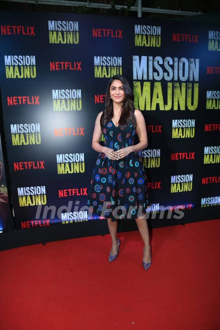 Mrunal Thakur wore a knee length dress with multicolored polka dot print as she attended the screening of Mission Majnu