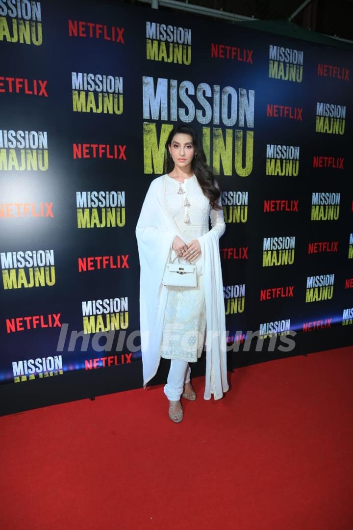 Nora Fatehi looked lovely in a white ethnic set at the screening of Mission Majnu