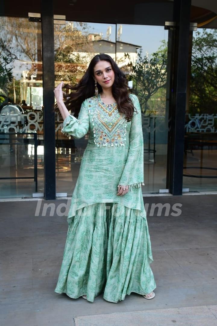 Aditi Rao Hydari snapped promoting her upcoming webseries TAJ - Divided By Blood in Juhu 