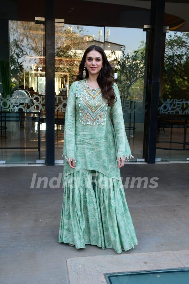 Aditi Rao Hydari snapped promoting her upcoming webseries TAJ - Divided By Blood in Juhu 