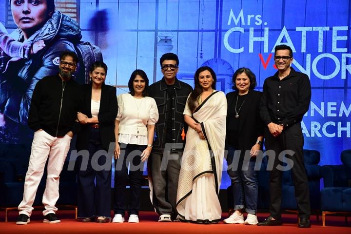  Rani Mukerji, Karan Johar, Nikkhil Advani snapped at the press conference of Mrs. Chatterjee Vs Norway 