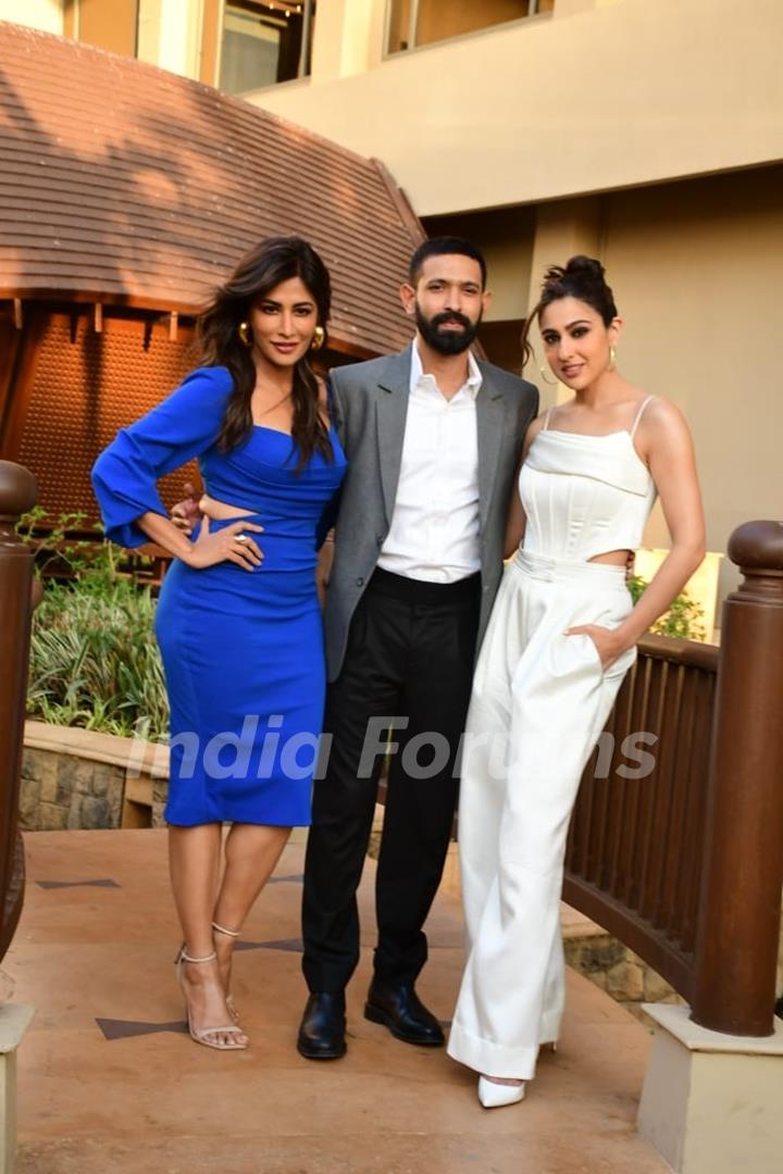 Sara Ali Khan, Chitrangada Singh, Vikrant Massey snapped promoting their upcoming film Gaslight in the city 