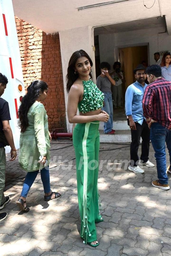 Pooja Hegde snapped promoting her upcoming film Kisi Ka Bhai Kisi Ki Jaan at Mehboob Studios in Bandra