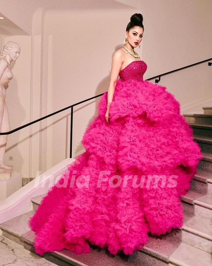 Urvashi Rautela garce the Cannes Film Festival in Pink Tulle Gown and her crocodile jewellery 