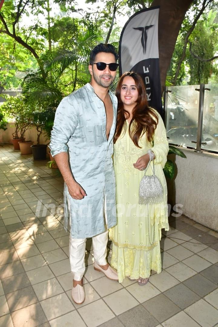 Varun Dhawan, Natasha Dalal snapped at his office for Dhanteras Puja