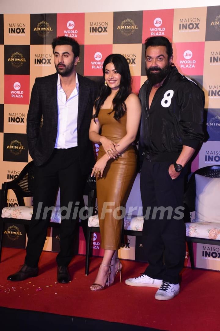 Ranbir Kapoor, Rashmika Mandanna and Bobby Deol at Animal movie screening