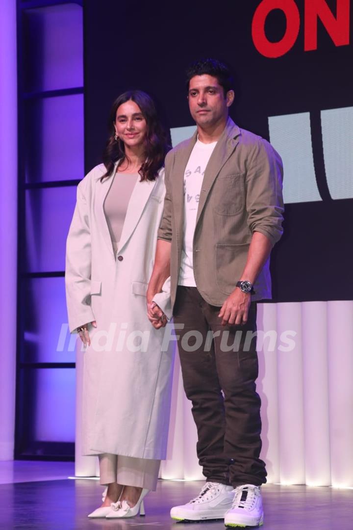 Farhan Akhtar and Shibani Dandekar Akhtar attend press conference of Next to Netflix at Mehboob Studio