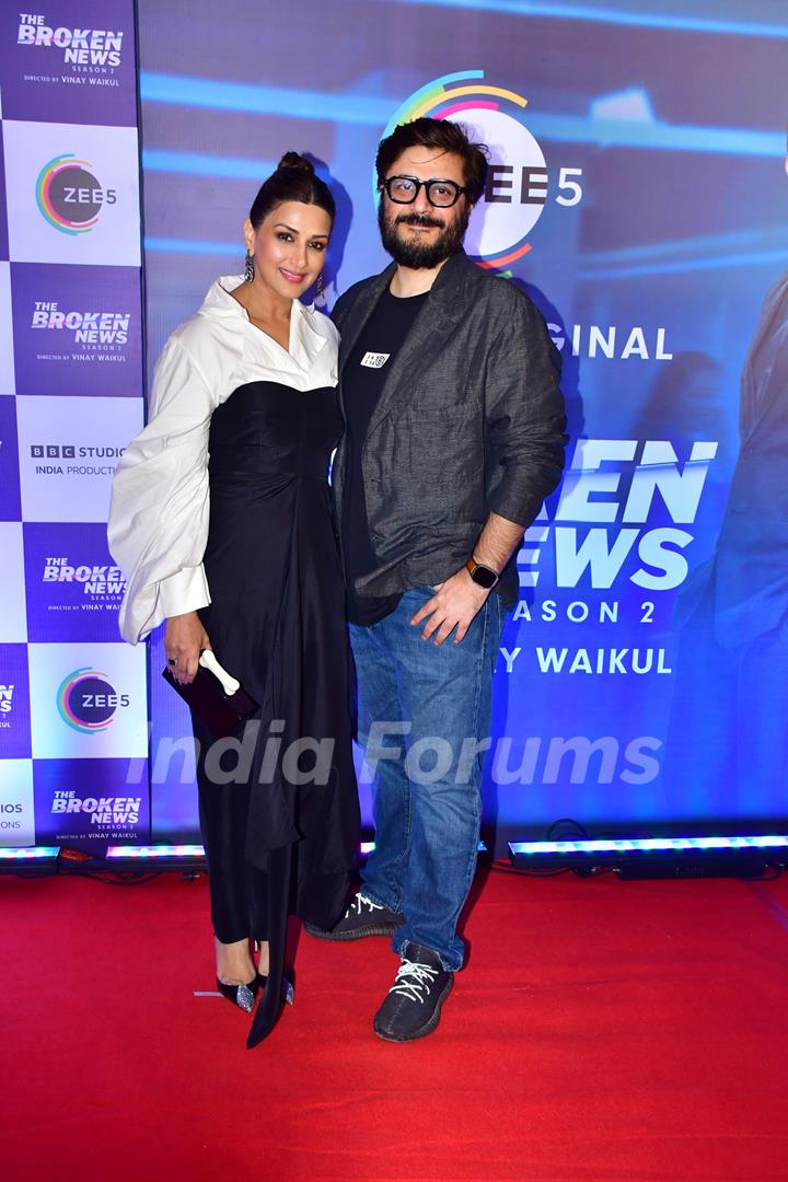 Goldie Behl and Sonali Bendre attend the screening of Broken News 2