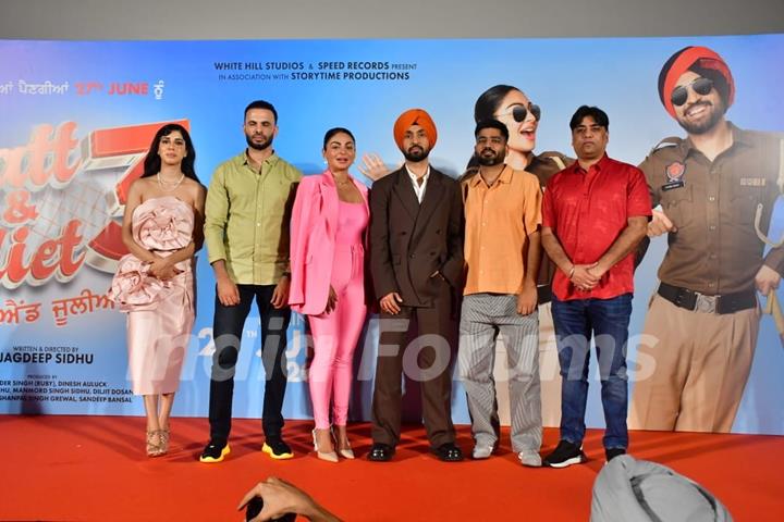 Neeru Bajwa, Diljit Dosanjh and Jasmin Bajwa  snapped for Jatt and Juliet 3 trailer launch