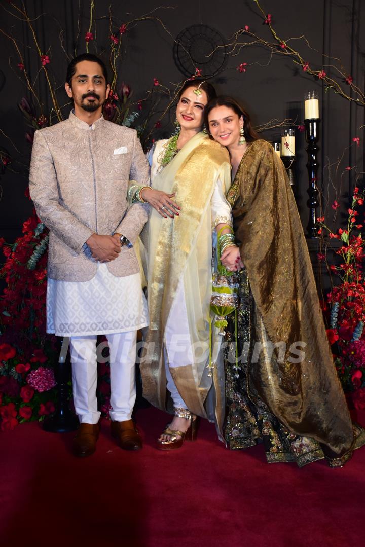 Rekha, Aditi Rao Hydari and Siddharth attend the Sonakshi Sinha and Zaheer Iqbal's wedding reception