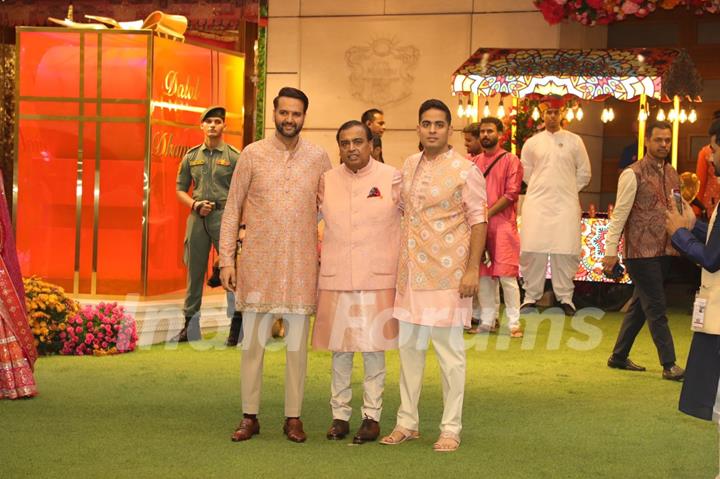 Mukesh Ambani and Akash Ambani snapped Anant Ambani and Radhika Merchant’s Mameru Ceremony in Antilia, Mumbai