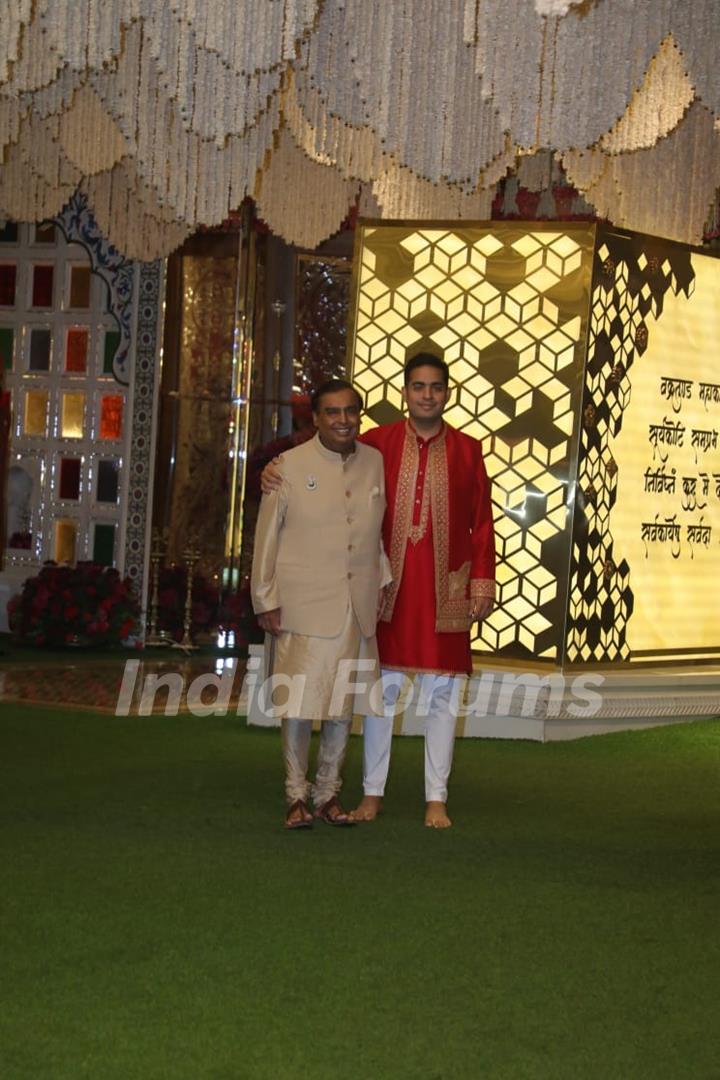 Mukesh Ambani and Akash Ambani attend the Anant Ambani and Radhika Merchant’s Haldi Ceremony