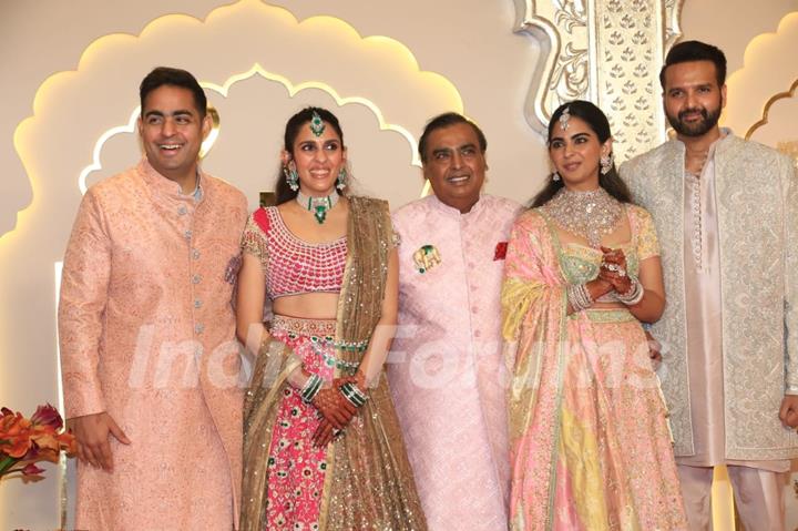 Mukesh Ambani, Isha Ambani, Akash Ambani and Shloka Mehta at Anant Ambani and Radhika Merchant's Wedding Ceremony