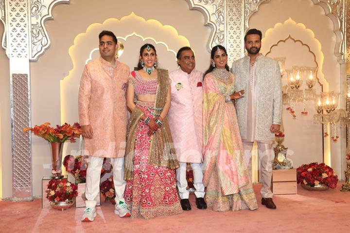 Mukesh Ambani, Isha Ambani, Akash Ambani and Shloka Mehta at Anant Ambani and Radhika Merchant's Wedding Ceremony
