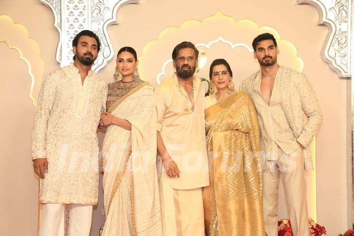 Suniel Shetty, Athiya Shetty, Ahan Shetty and KL Rahul at Anant Ambani and Radhika Merchant's Wedding Ceremony