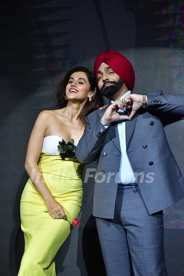 Taapsee Pannu and Ammy Virk  snapped at ‘Hauli Hauli’ song launch from Khel Khel Mein