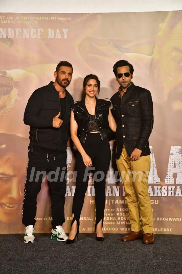 John Abraham, Abhishek Banerjee and Sharvari Wagh snapped at the trailer launch of their upcoming film Vedaa